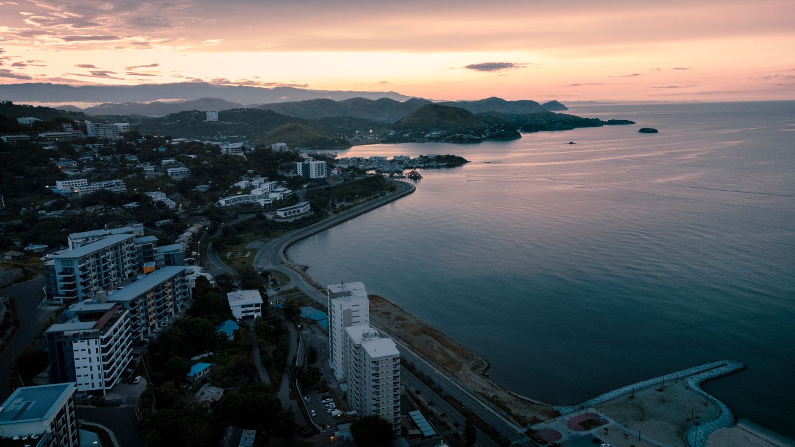 Aerial view of Port Moresby, Papua New Guinea at sunrise